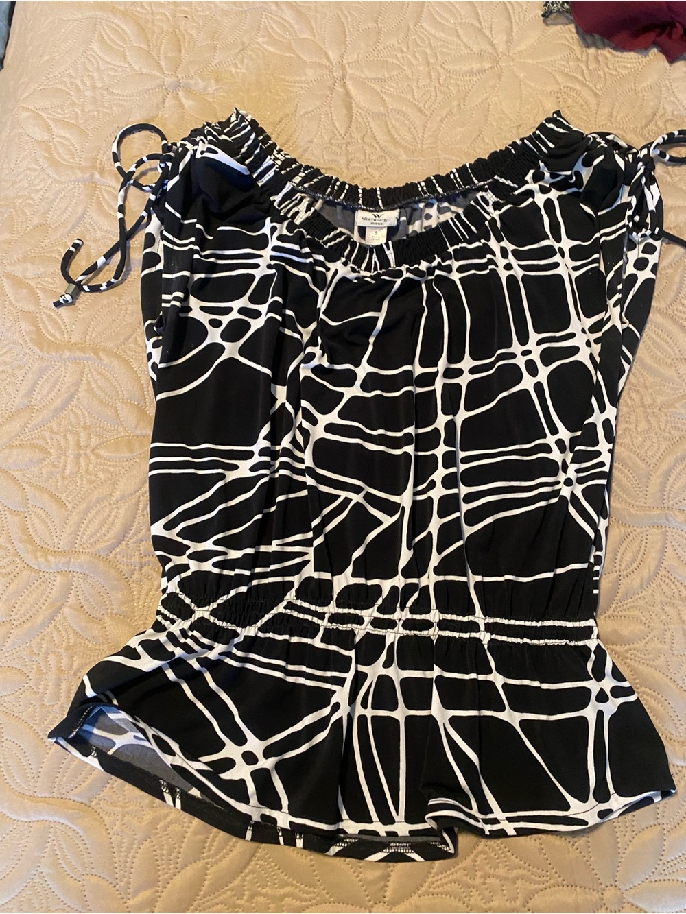 Worthington Black and White Patterned Off-Shoulder Blouse